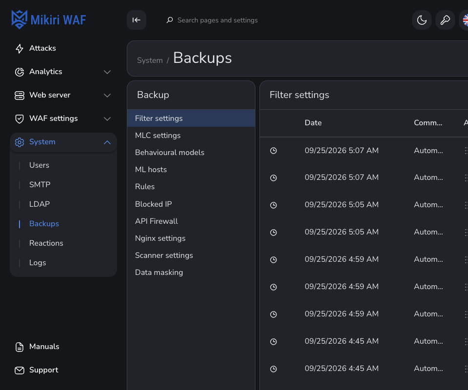 Backups of Filter settings