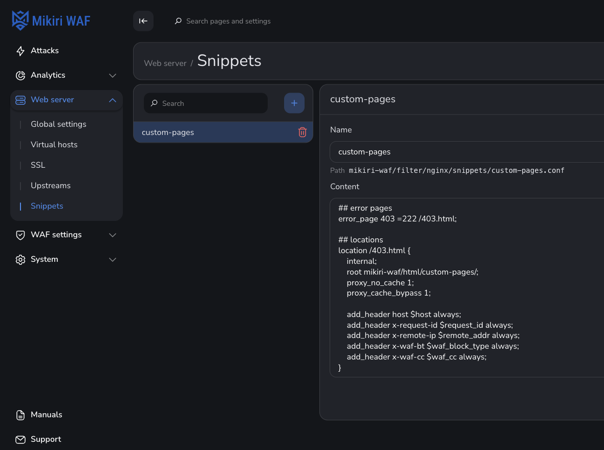 Snippet custom-pages
