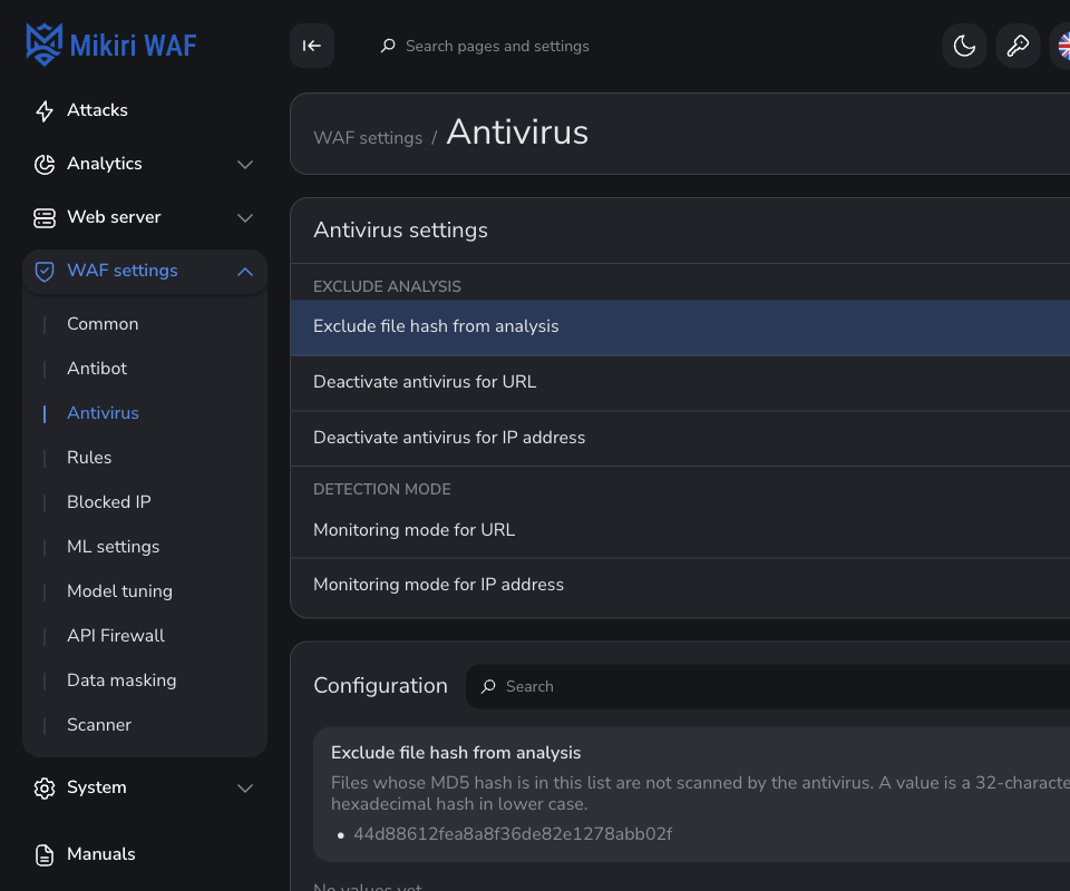 Antivirus — hashes excluded from scanning