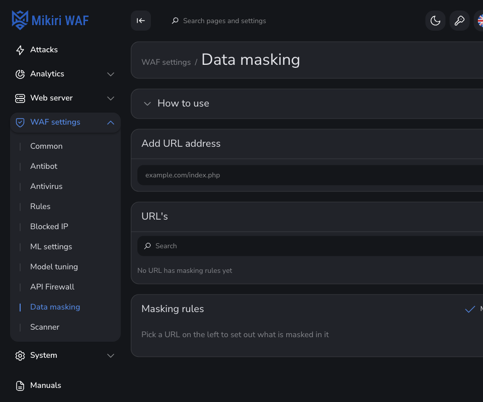 Data masking — URL list and rules