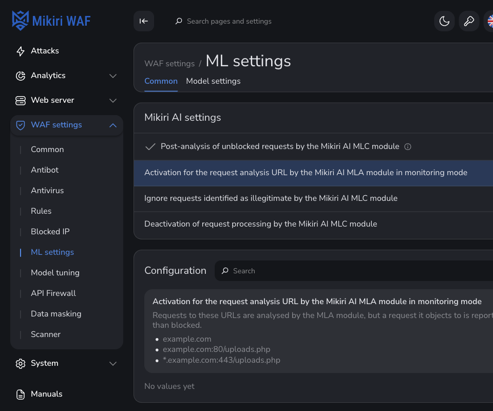 ML settings — detection mode for MLA