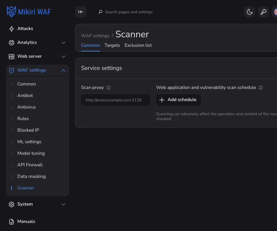 Scanner — proxy and scan schedule