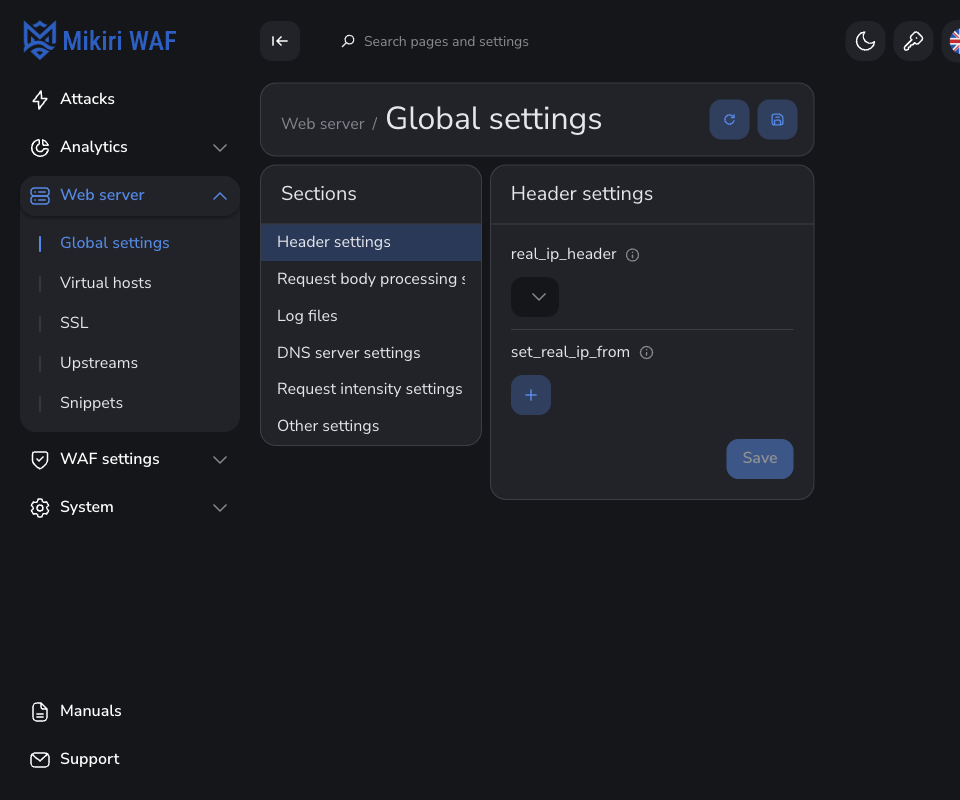 Global settings — header settings